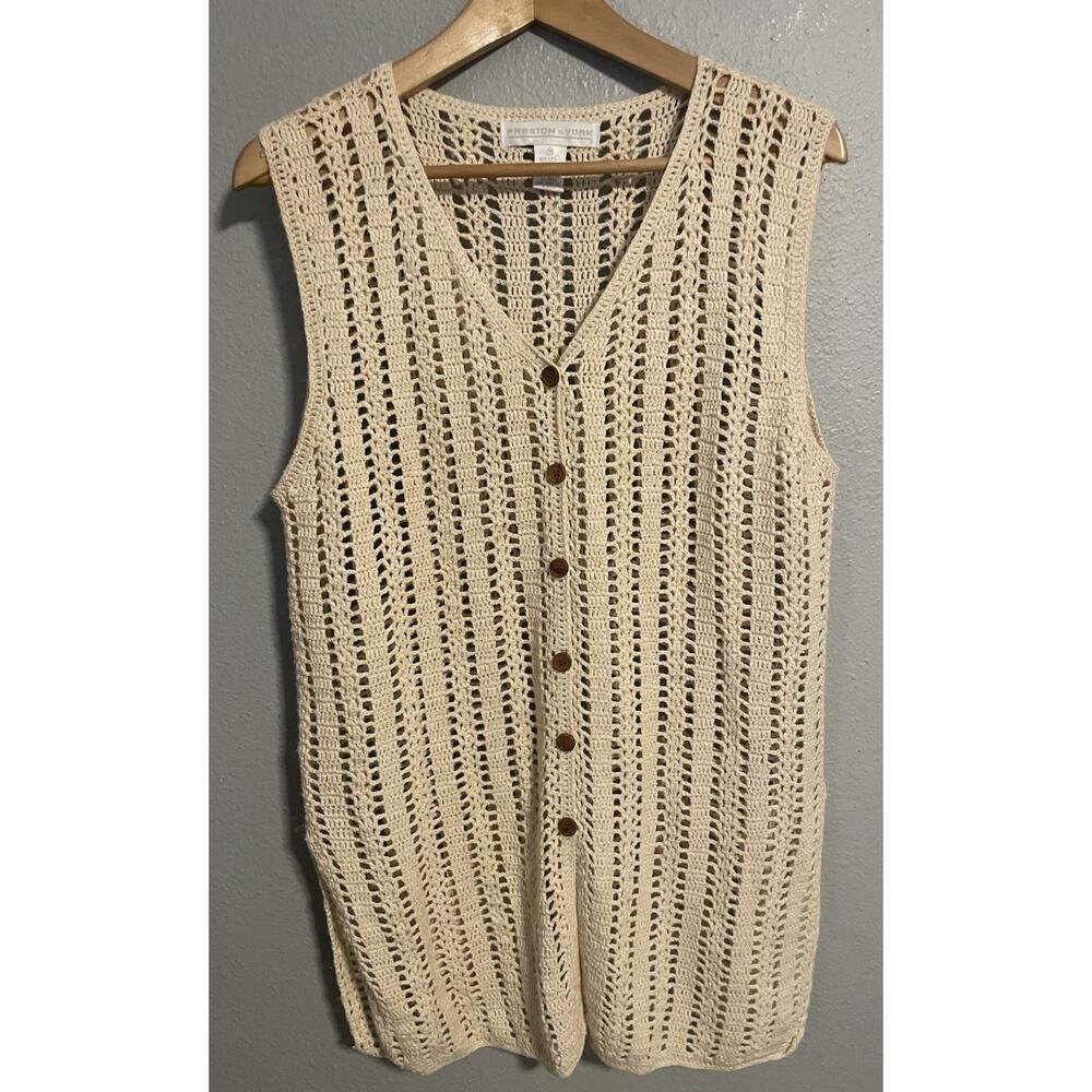 Vintage Preston & York Womens Vest Medium Beige Crochet Linen Blend Lagom 90s
